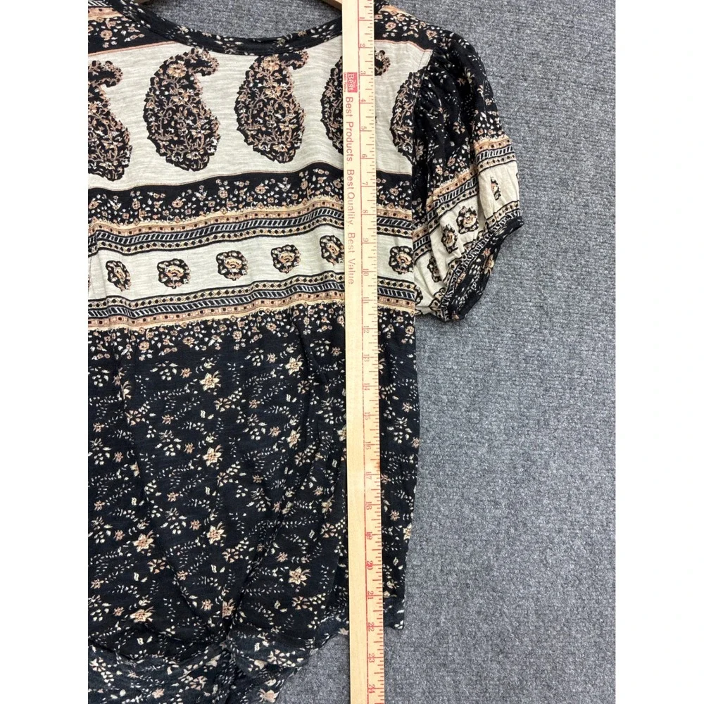 Free People Boho Paisley Floral Mixed Print Scoop Neck Low Puff Sleeve Knit Top